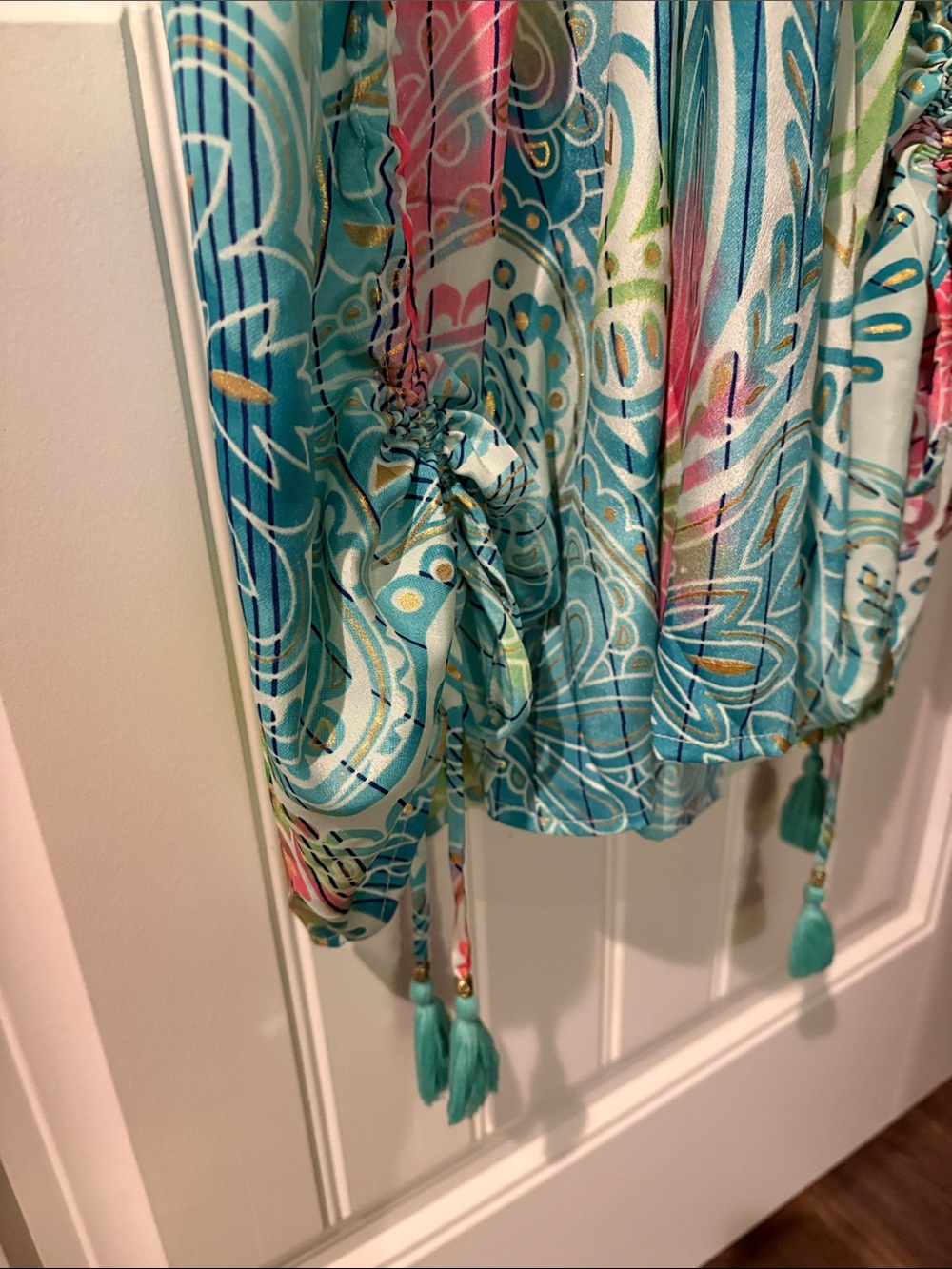 Women's Aqua Paisley Maxi Caftan Dress with Drawstring - Picture 5 of 6